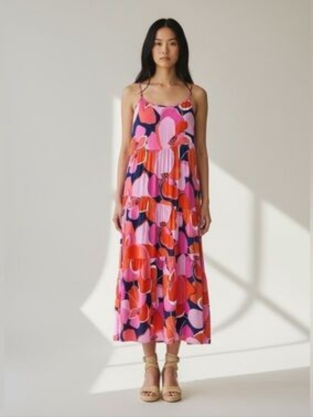 Vibrant Floral Maxi Slip Dress - Pink, Coral & Navy